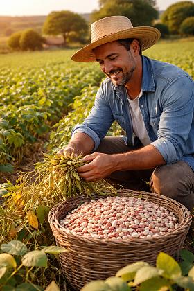 Produtor colhendo feijão
