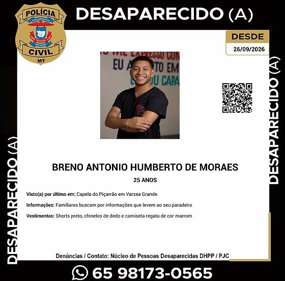 Família procura jovem de 25 anos desaparecido em Várzea Grande