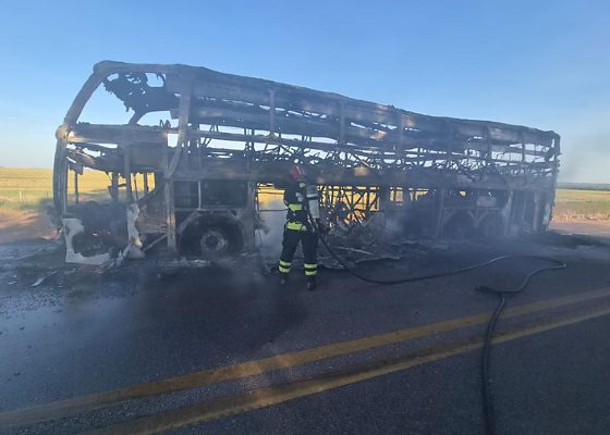 Ônibus de viagem pega fogo na BR-070 em MT